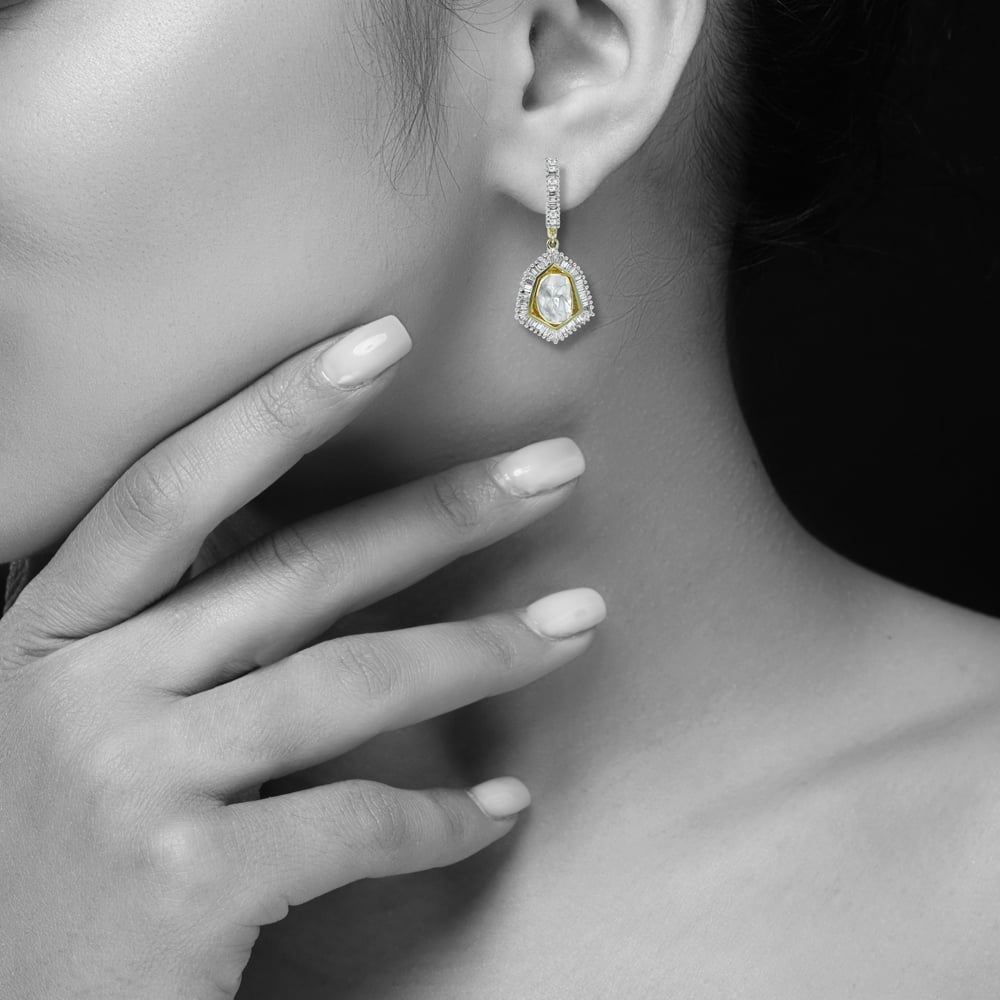 Dangling Polki Earrings with Baguette Halo